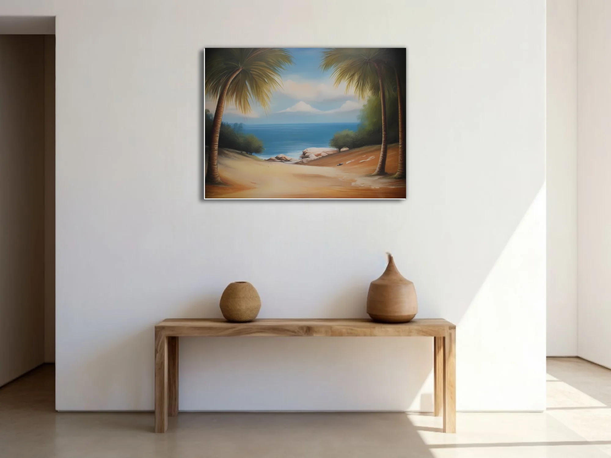 Tropical beach landscape with palm trees, blue sea, and sandy shore