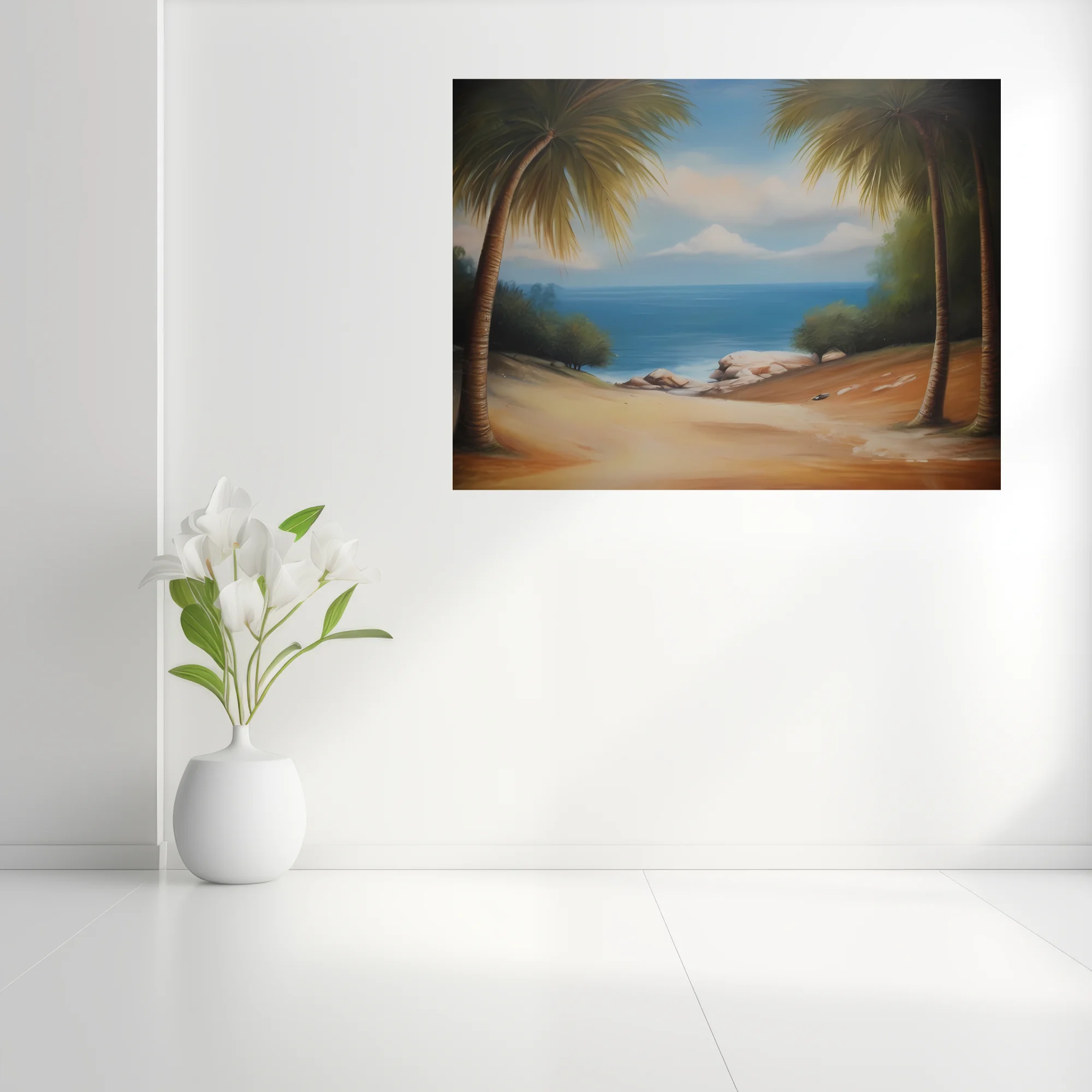 Tropical beach landscape with palm trees, blue sea, and sandy shore