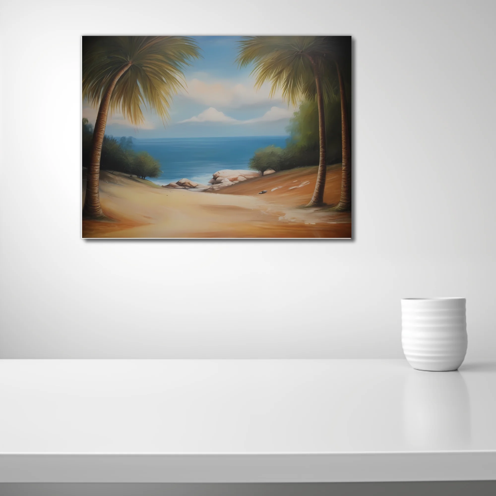 Tropical beach landscape with palm trees, blue sea, and sandy shore