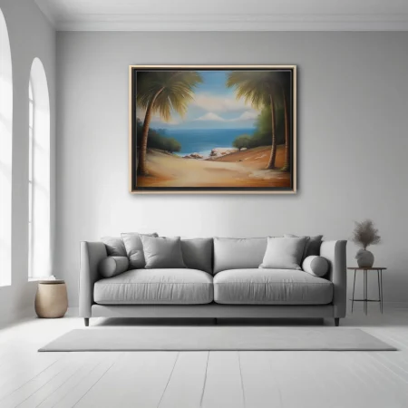 Tropical beach landscape with palm trees, blue sea, and sandy shore