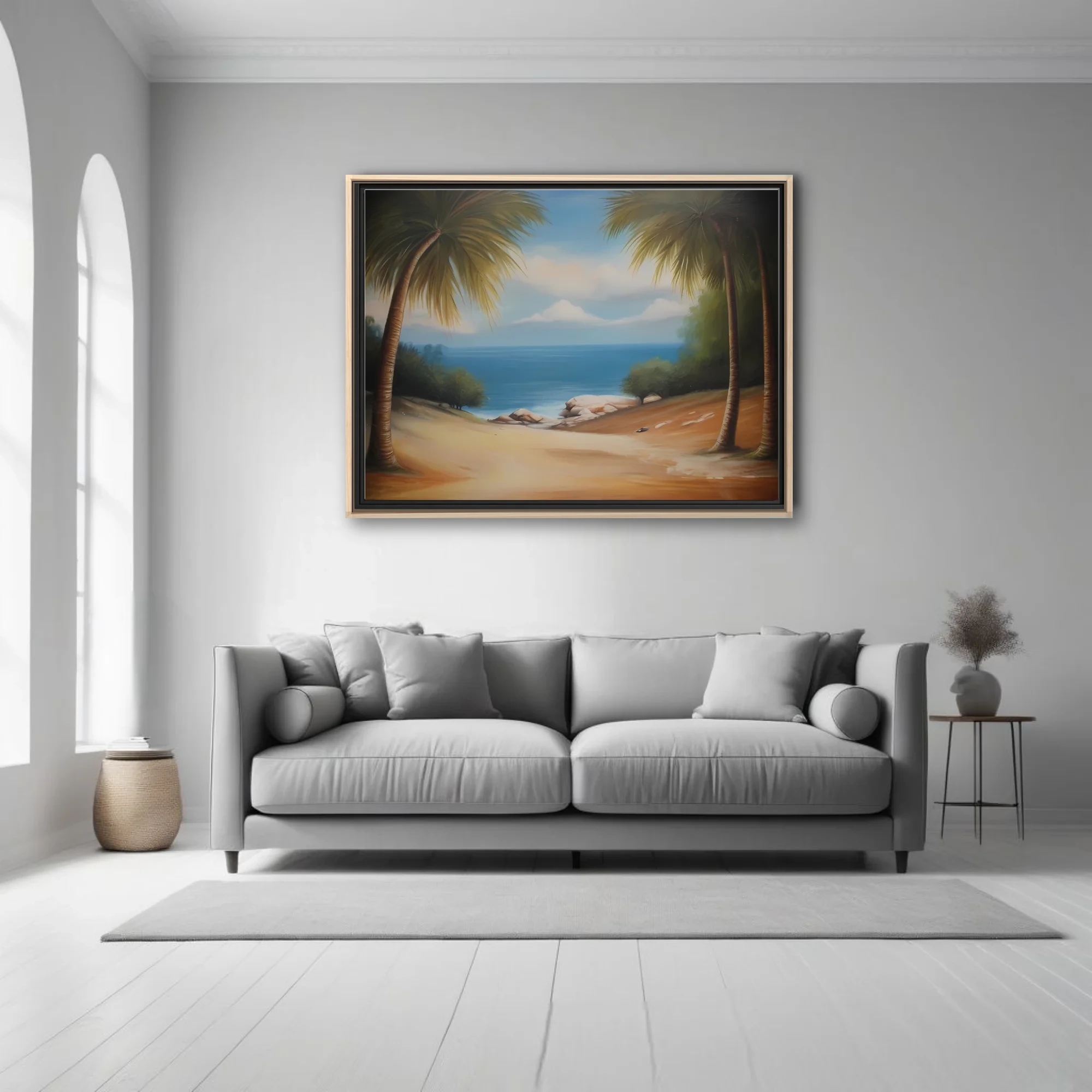 Tropical beach landscape with palm trees, blue sea, and sandy shore