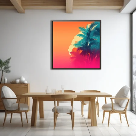 Retro tropical palm illustration with teal silhouettes on vibrant orange-pink gradient sunset