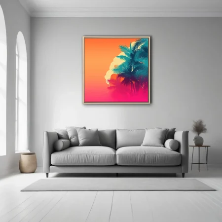 Retro tropical palm illustration with teal silhouettes on vibrant orange-pink gradient sunset