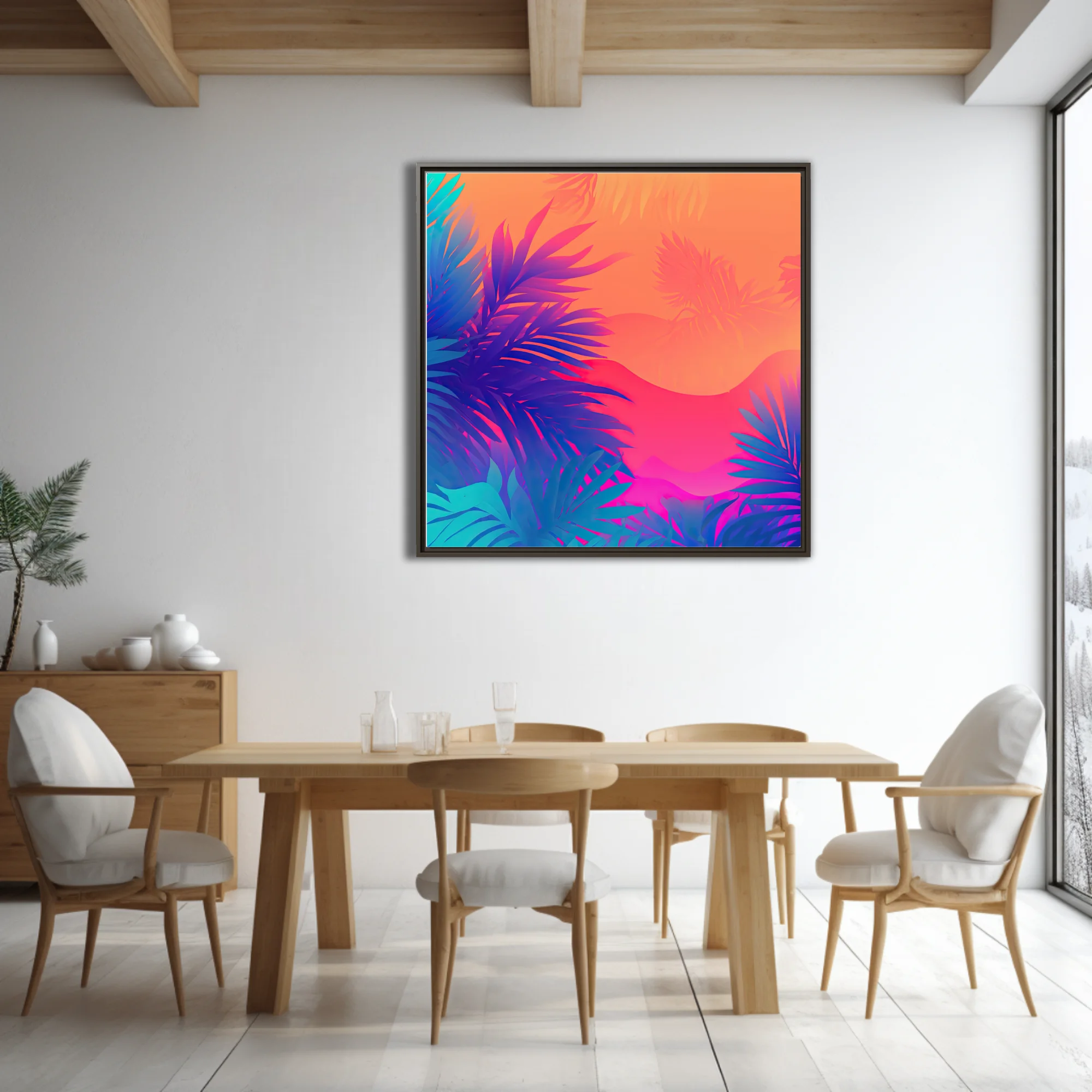 Neon tropical botanical print with neon palm leaves on orange-coral gradient