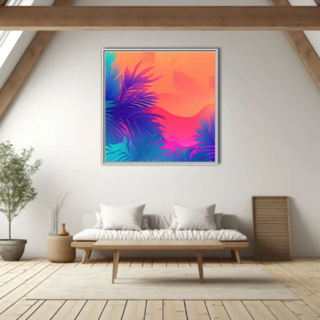 Neon tropical botanical print with neon palm leaves on orange-coral gradient