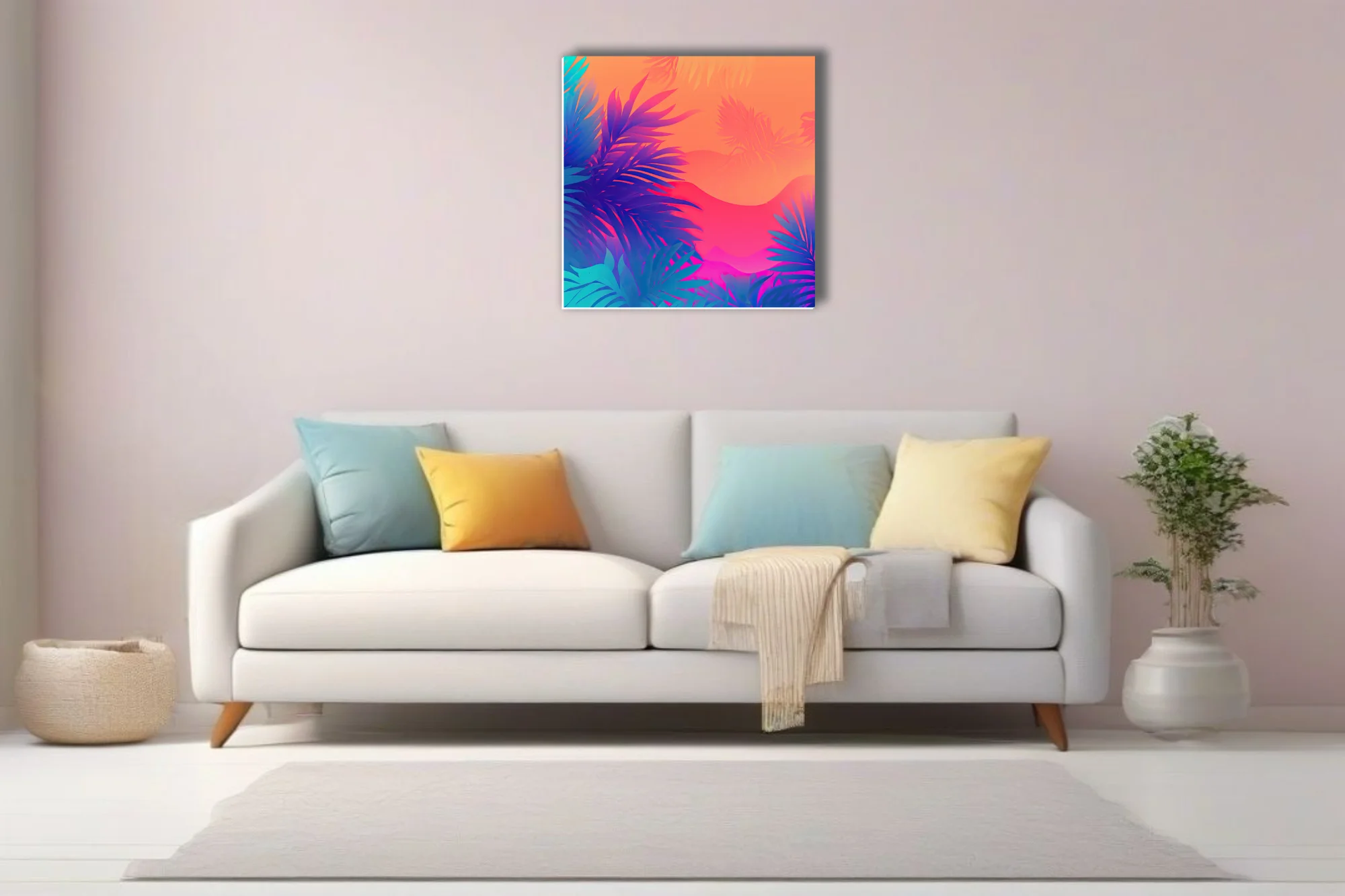Neon tropical botanical print with neon palm leaves on orange-coral gradient