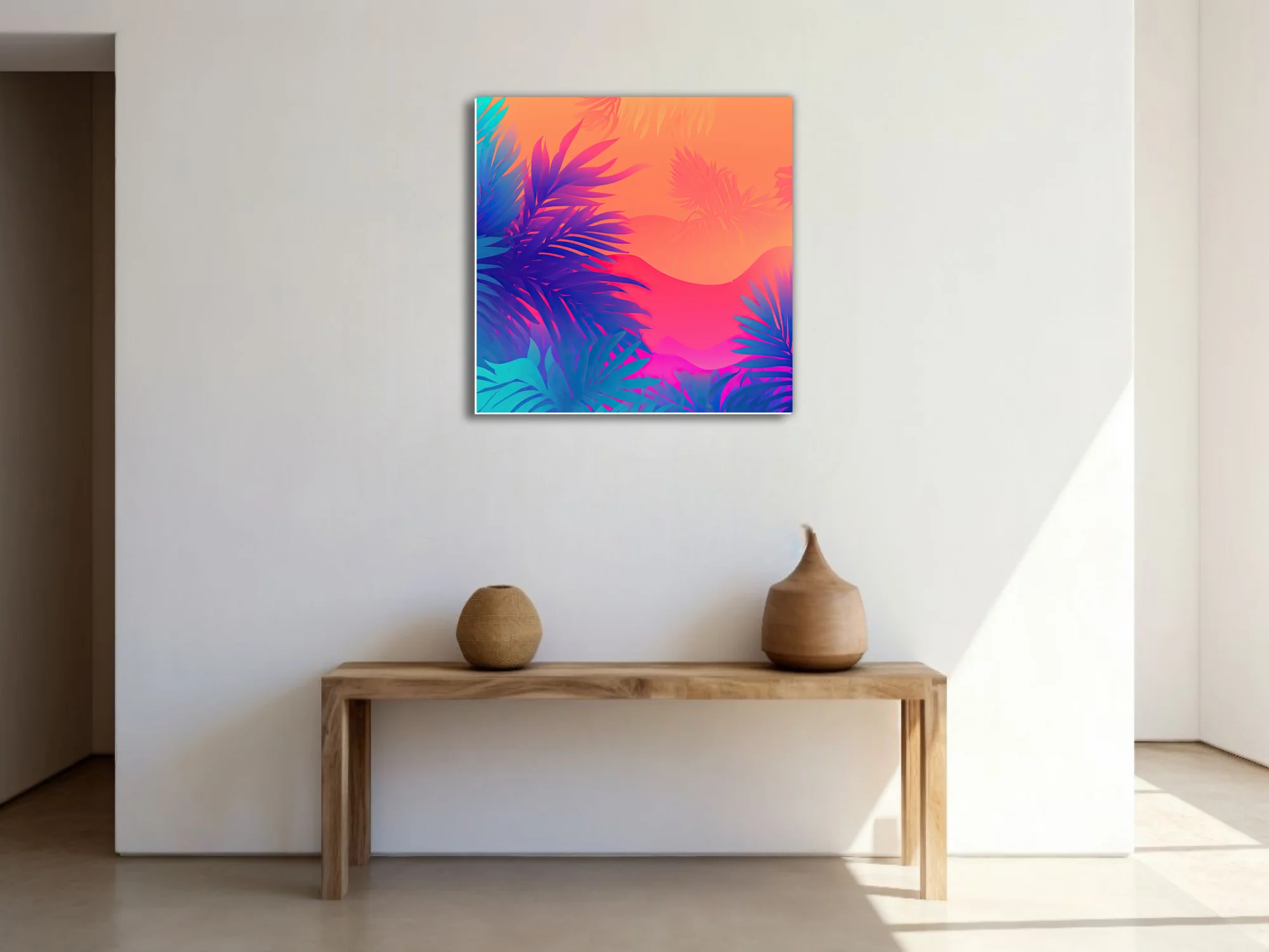 Neon tropical botanical print with neon palm leaves on orange-coral gradient