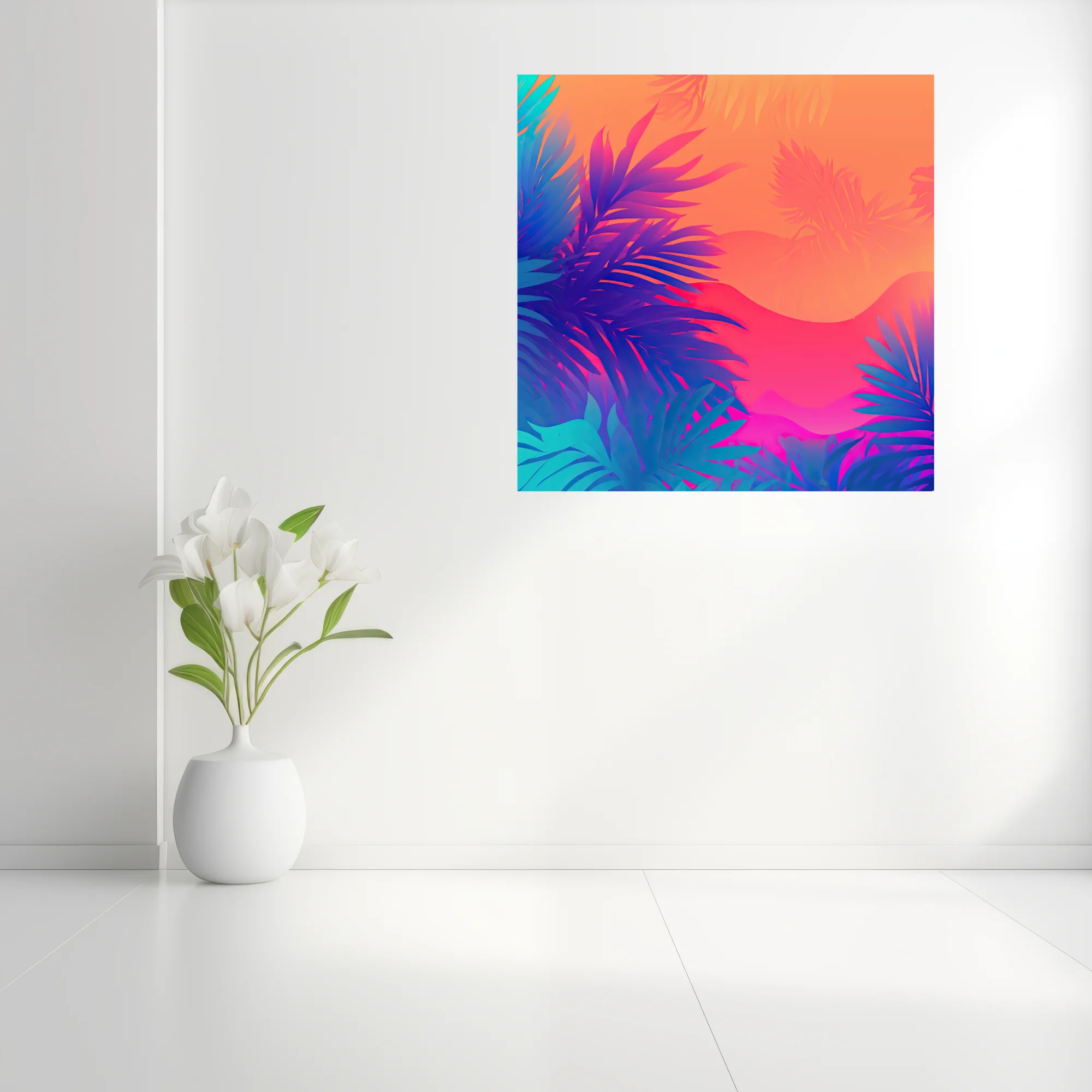Neon tropical botanical print with neon palm leaves on orange-coral gradient