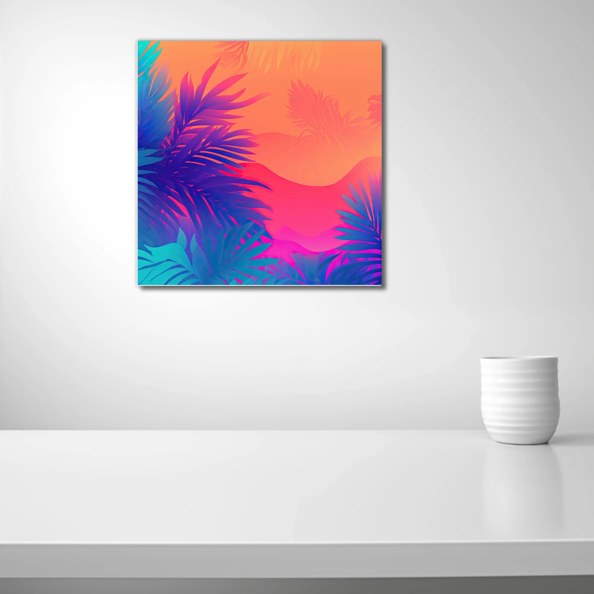Neon tropical botanical print with neon palm leaves on orange-coral gradient