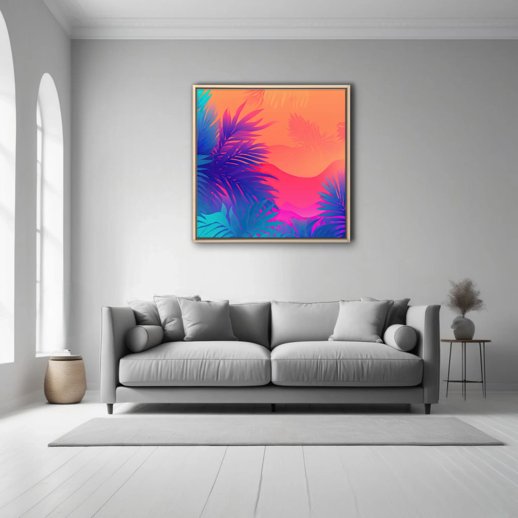 Neon tropical botanical print with neon palm leaves on orange-coral gradient