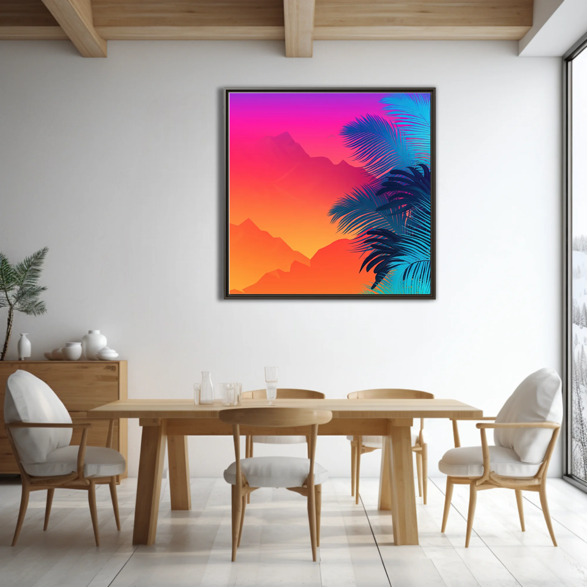 Neon tropical landscape with neon gradient sky and cyan palm fronds
