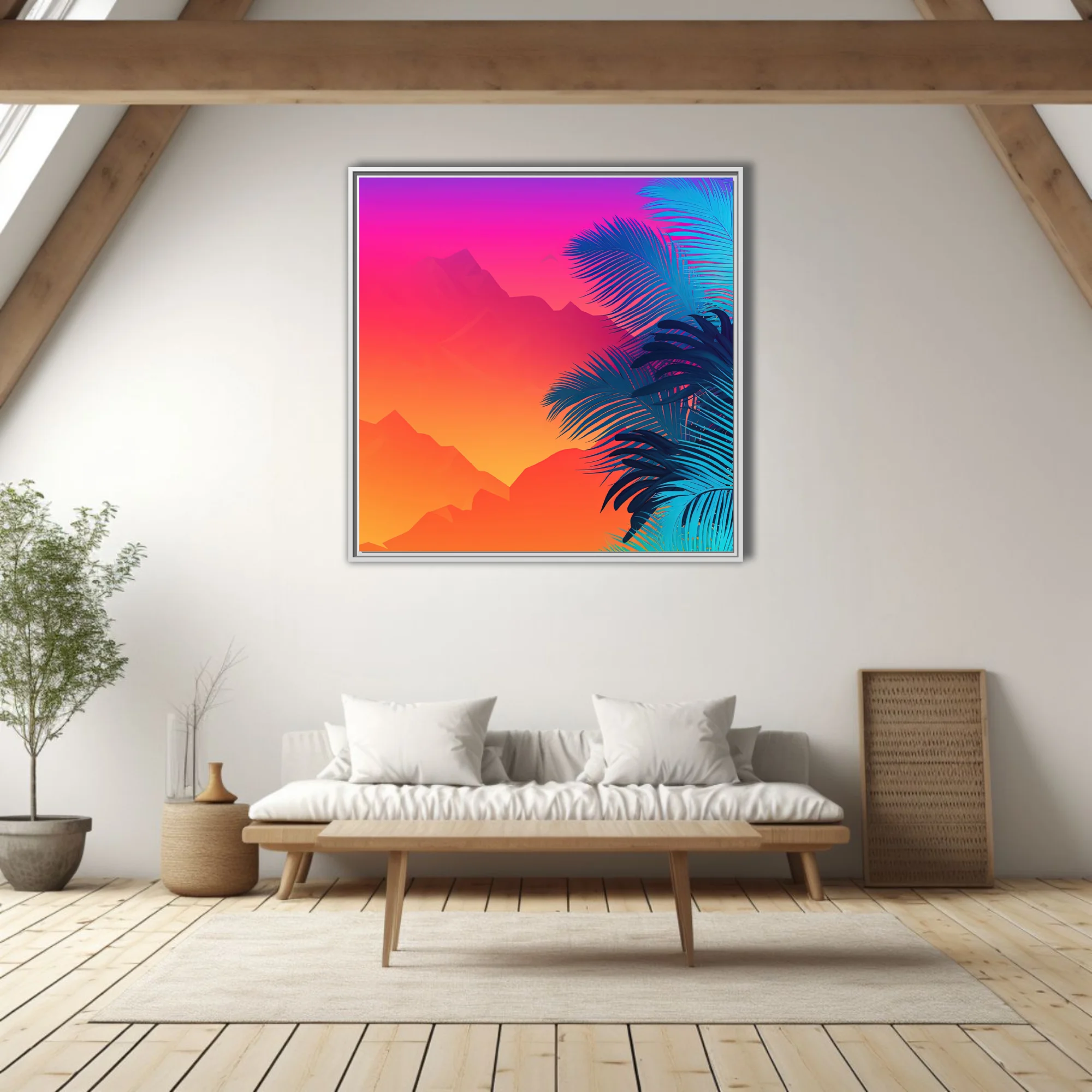 Neon tropical landscape with neon gradient sky and cyan palm fronds