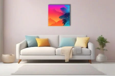 Neon tropical landscape with neon gradient sky and cyan palm fronds