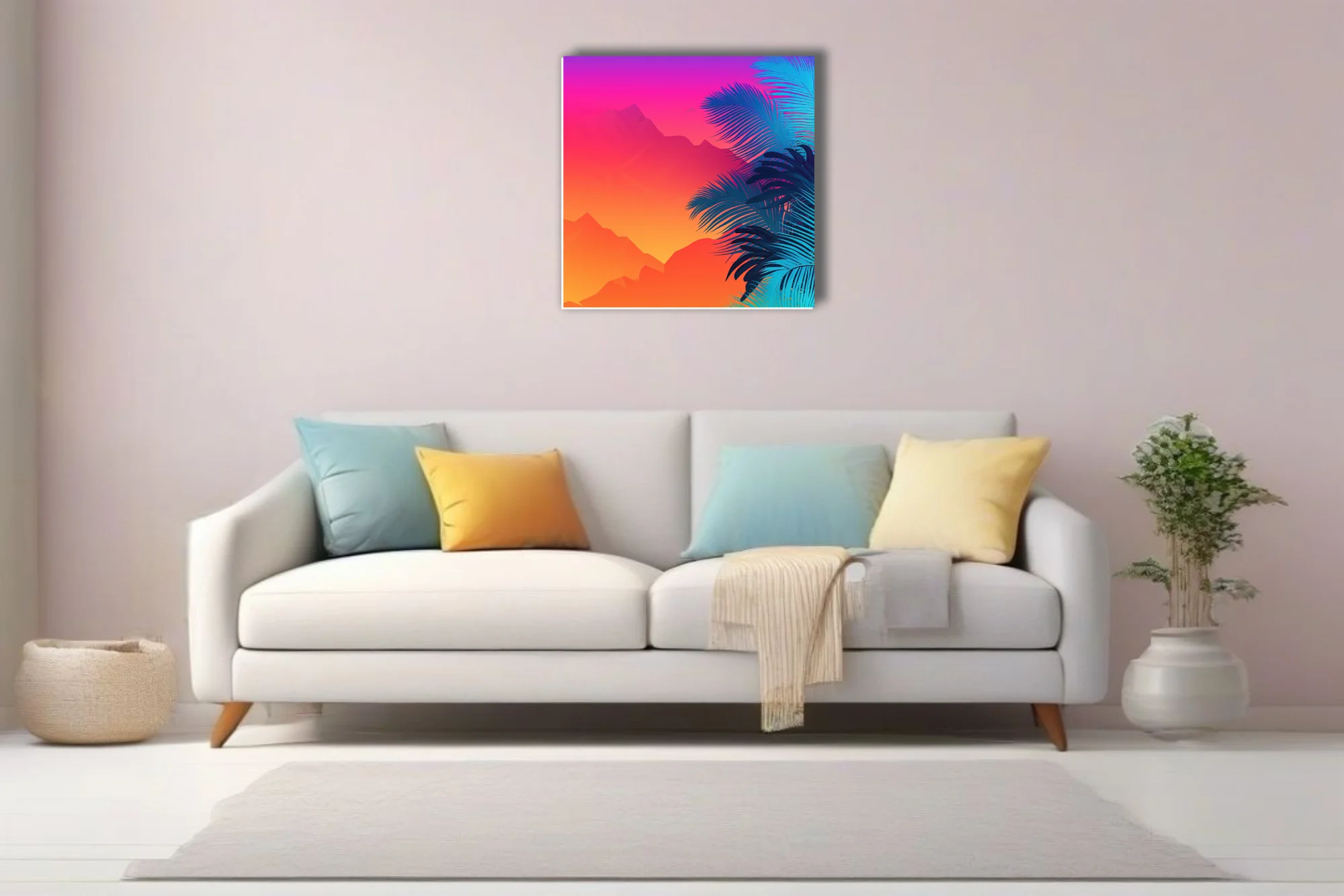 Neon tropical landscape with neon gradient sky and cyan palm fronds