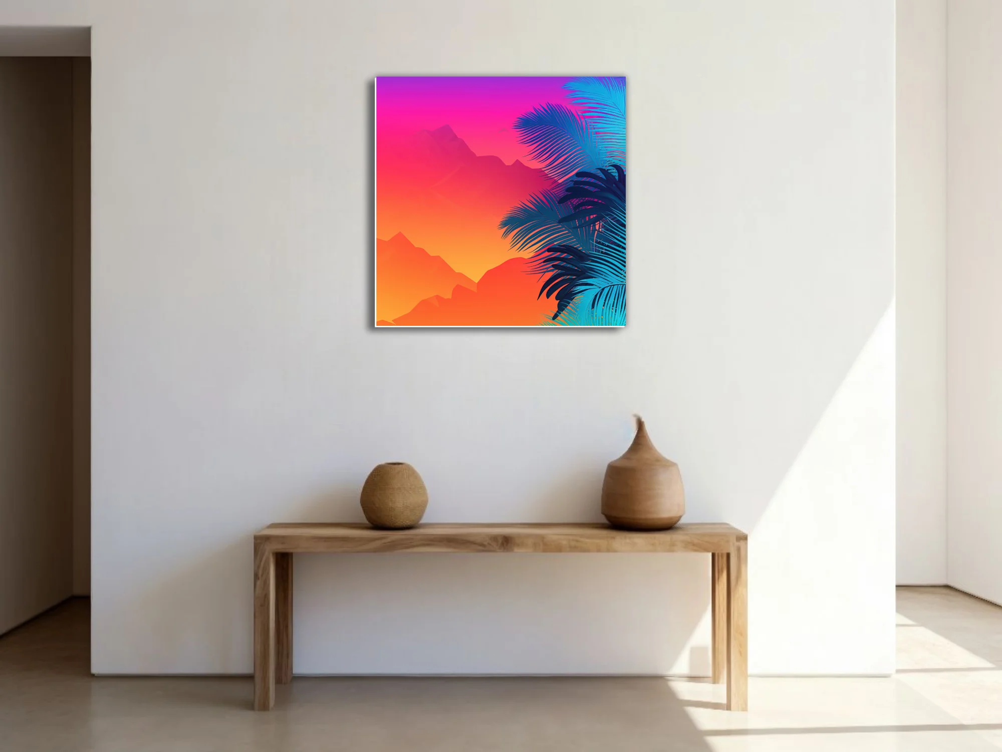 Neon tropical landscape with neon gradient sky and cyan palm fronds