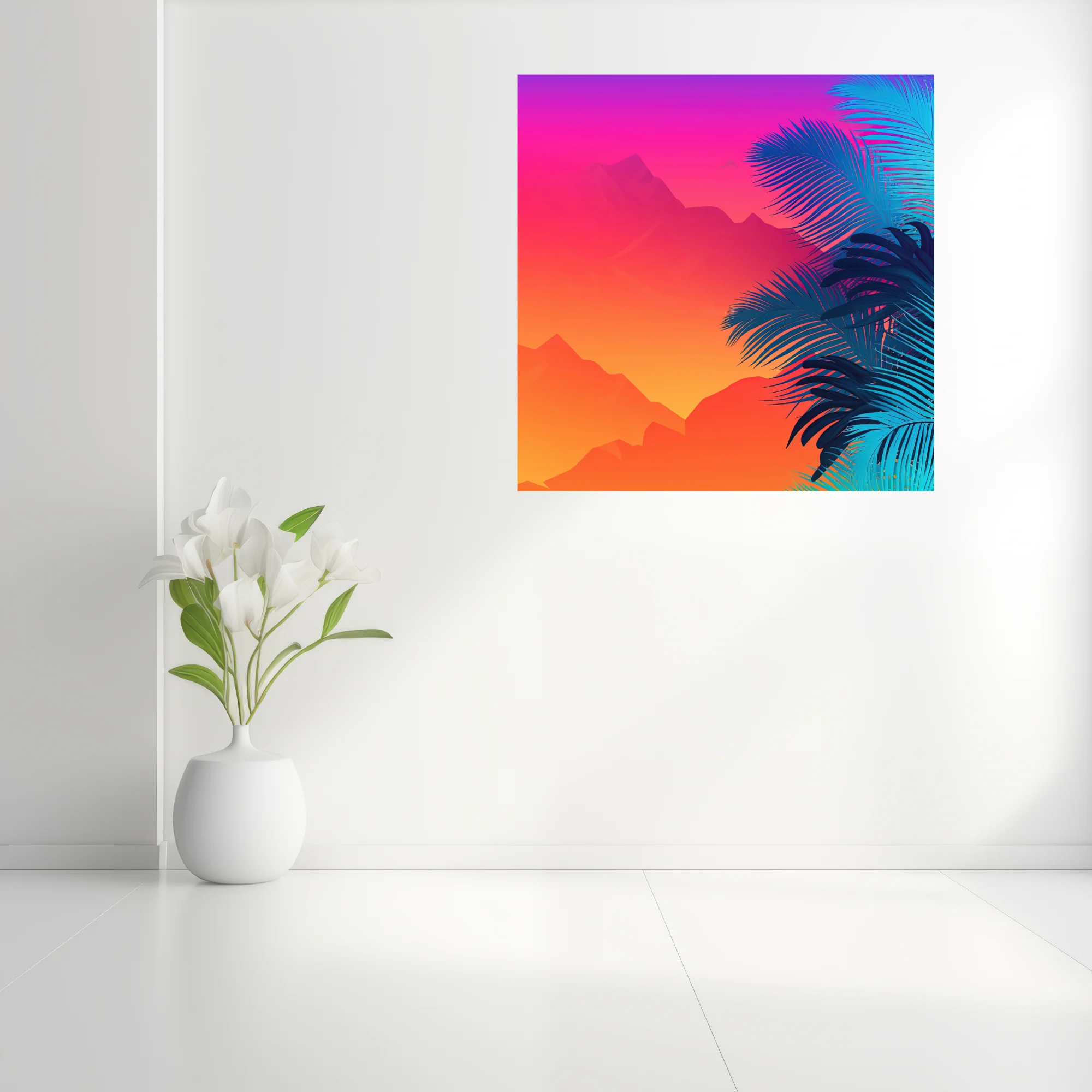 Neon tropical landscape with neon gradient sky and cyan palm fronds