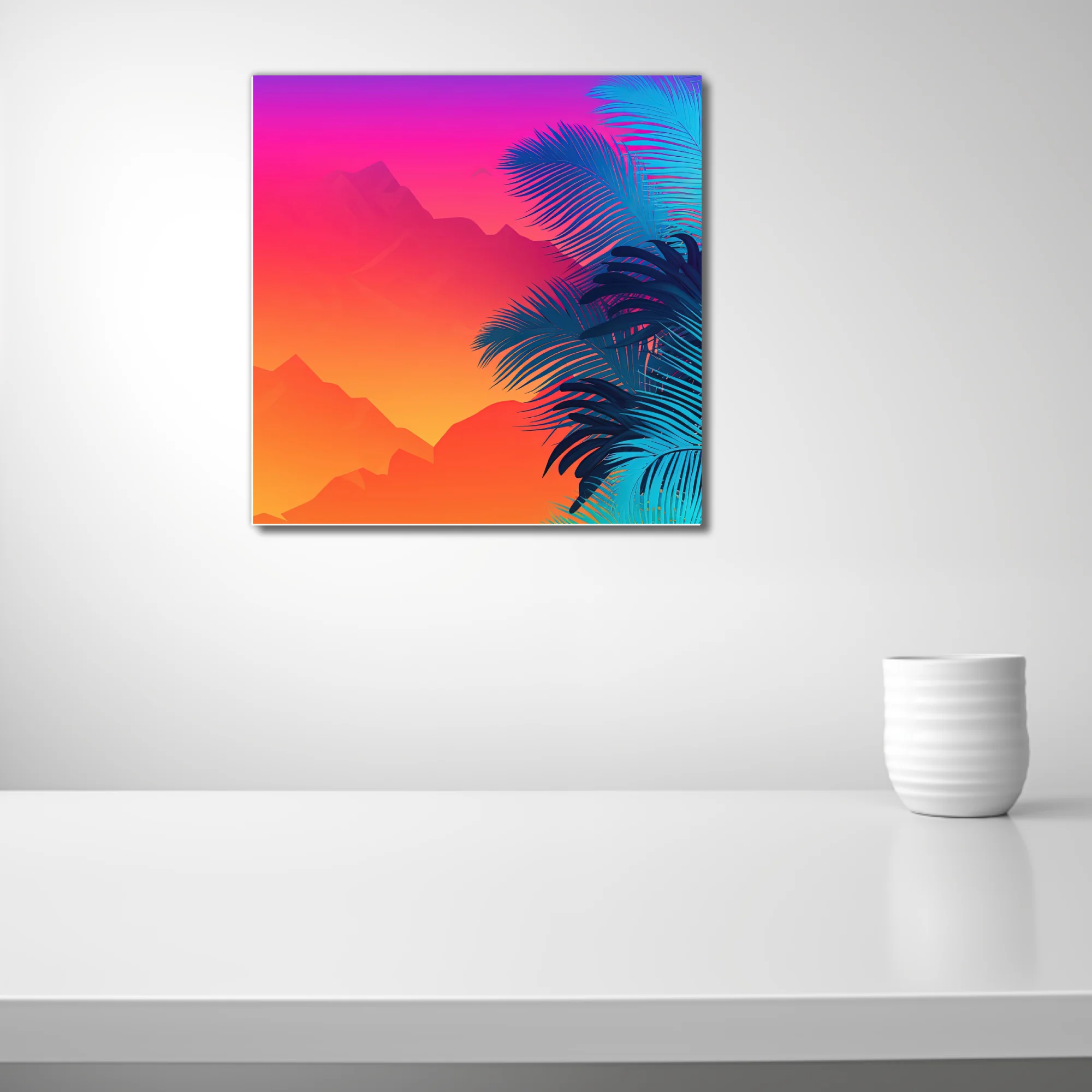 Neon tropical landscape with neon gradient sky and cyan palm fronds