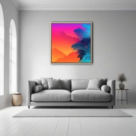 Neon tropical landscape with neon gradient sky and cyan palm fronds