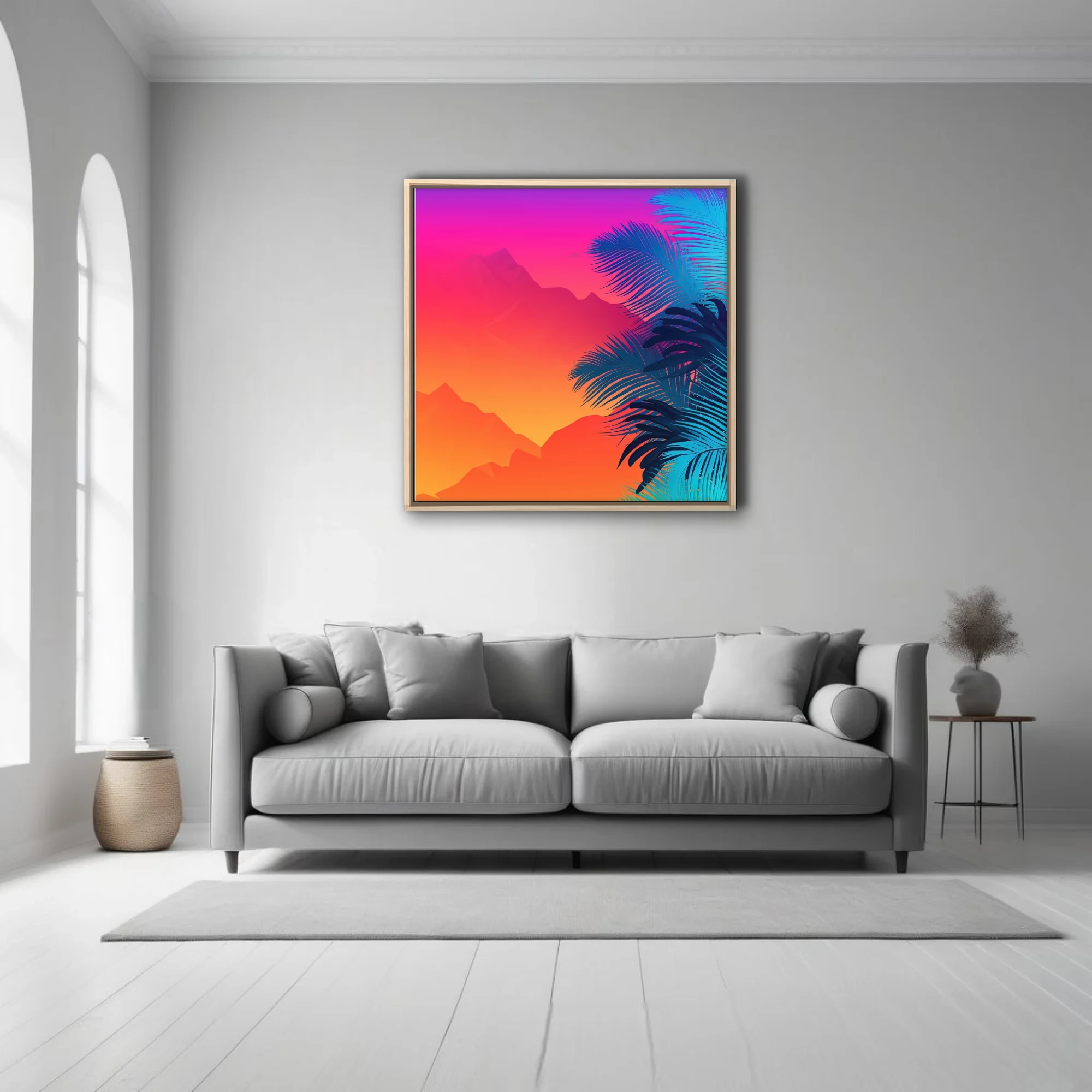 Neon tropical landscape with neon gradient sky and cyan palm fronds