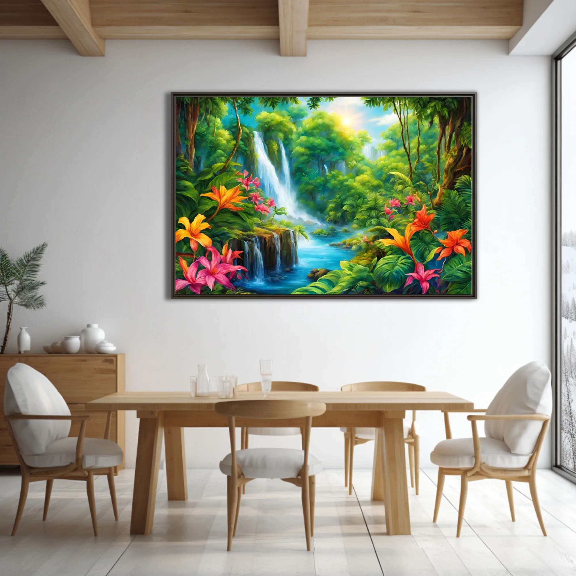 Vibrant tropical jungle waterfall illustration with exotic flowers and turquoise river