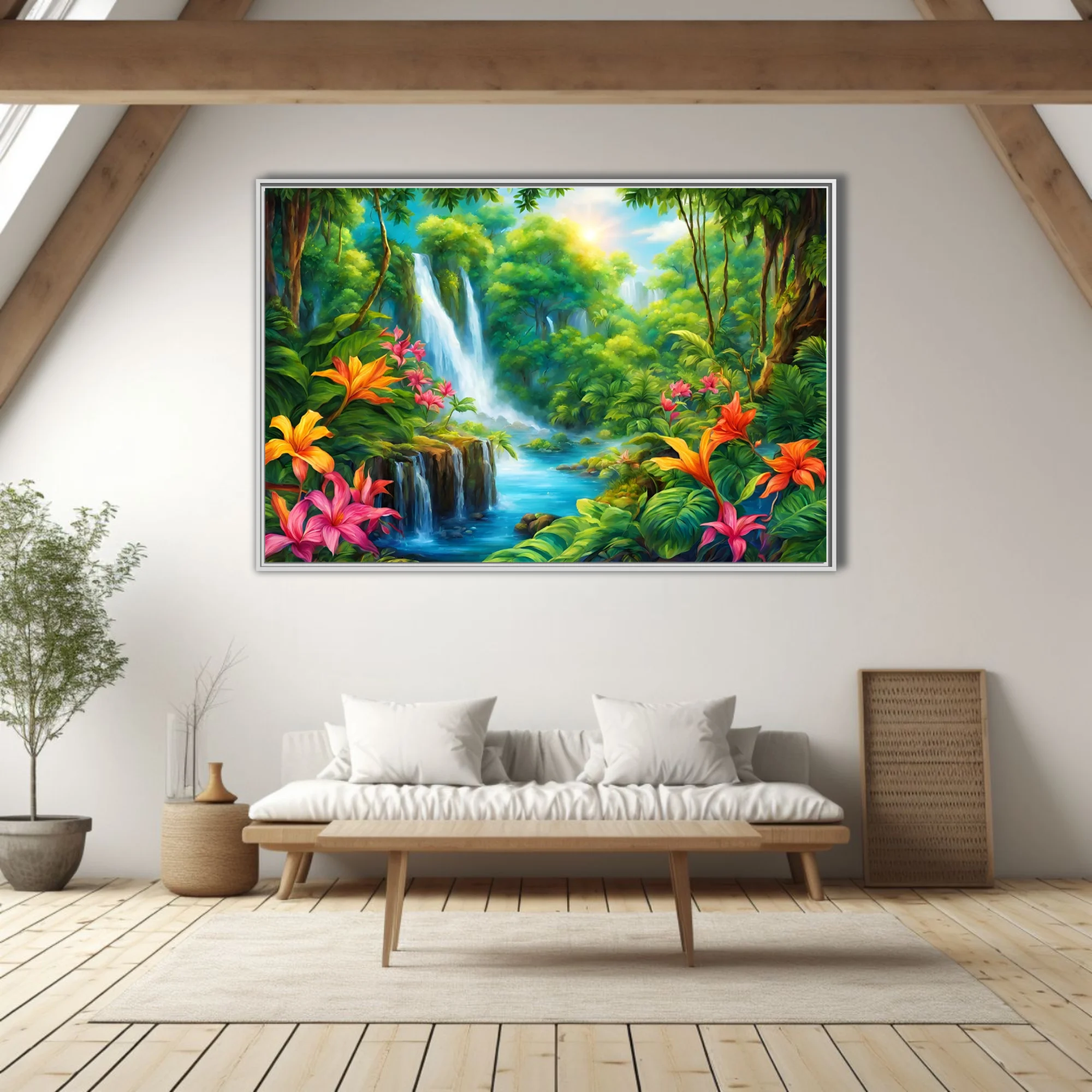 Vibrant tropical jungle waterfall illustration with exotic flowers and turquoise river