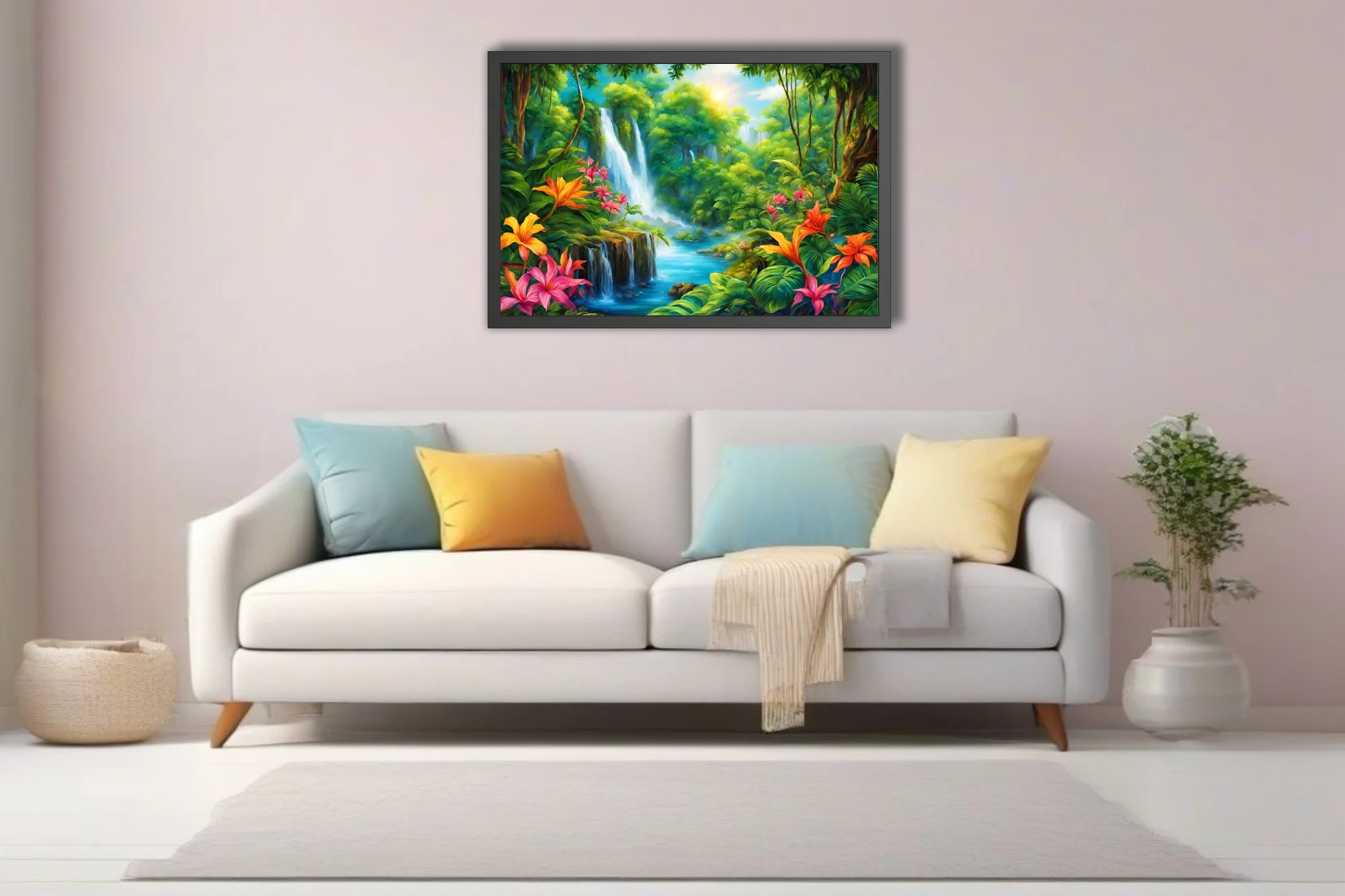 Vibrant tropical jungle waterfall illustration with exotic flowers and turquoise river