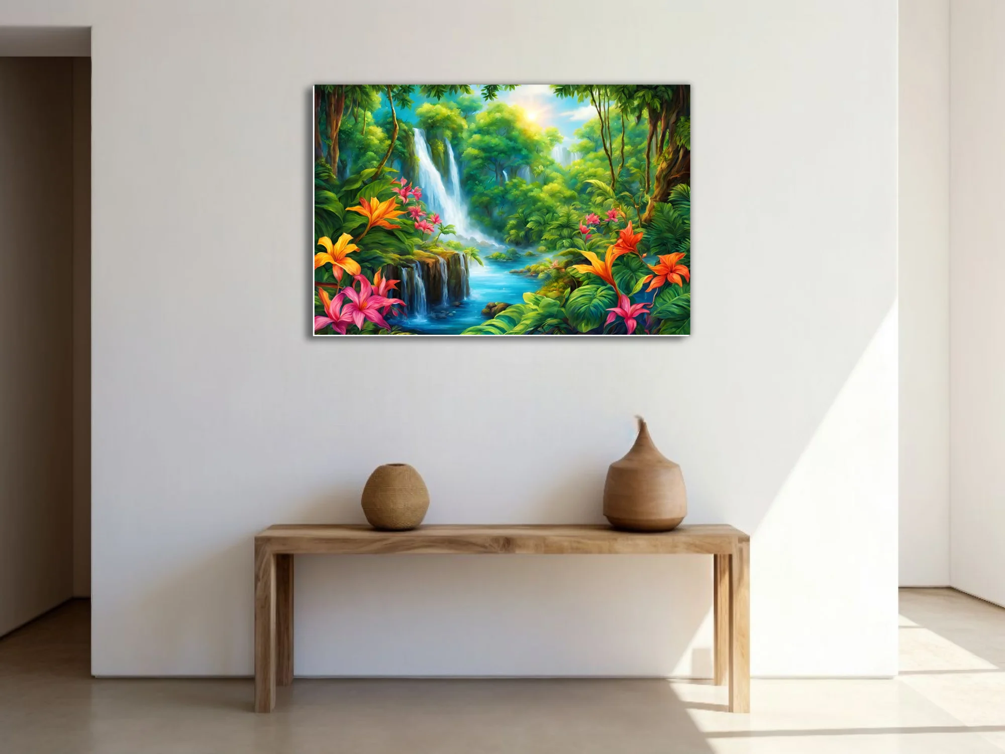 Vibrant tropical jungle waterfall illustration with exotic flowers and turquoise river