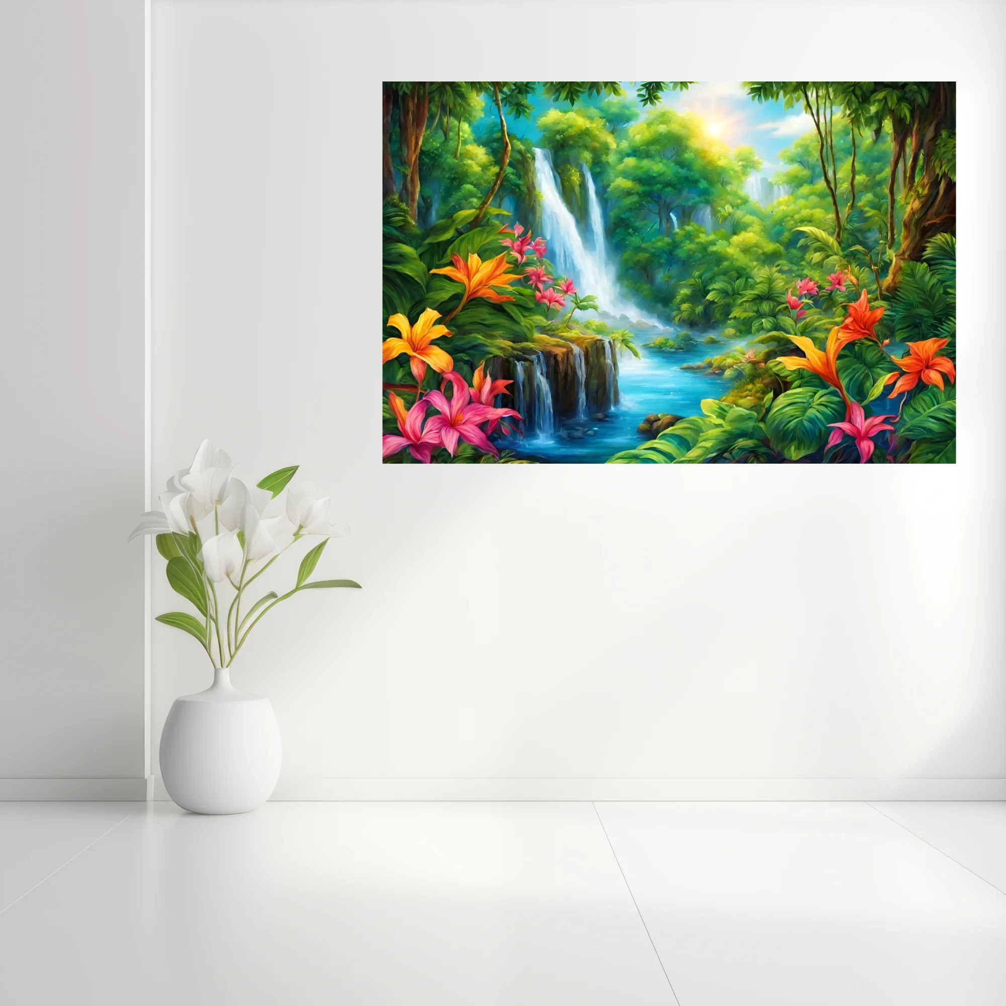 Vibrant tropical jungle waterfall illustration with exotic flowers and turquoise river