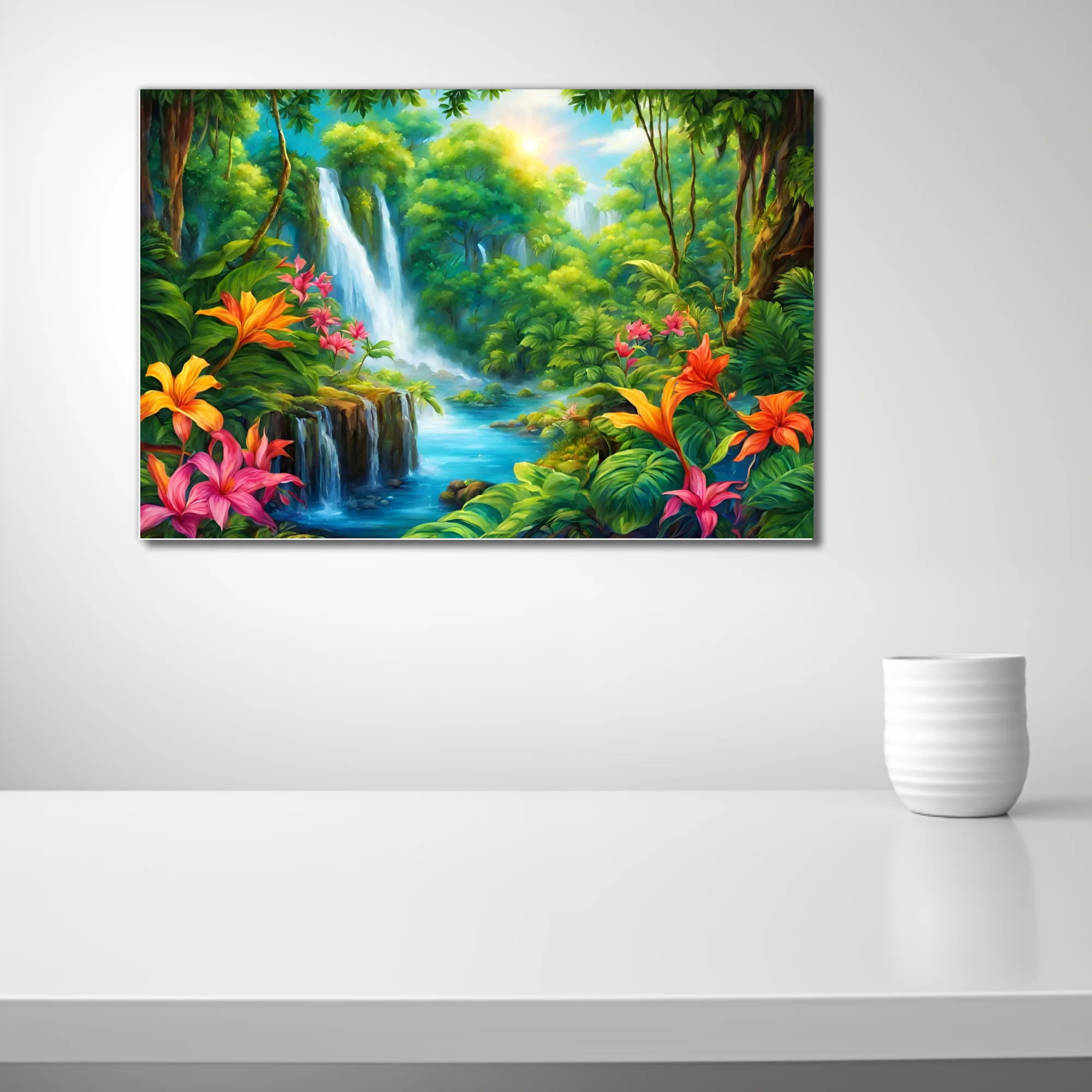 Vibrant tropical jungle waterfall illustration with exotic flowers and turquoise river