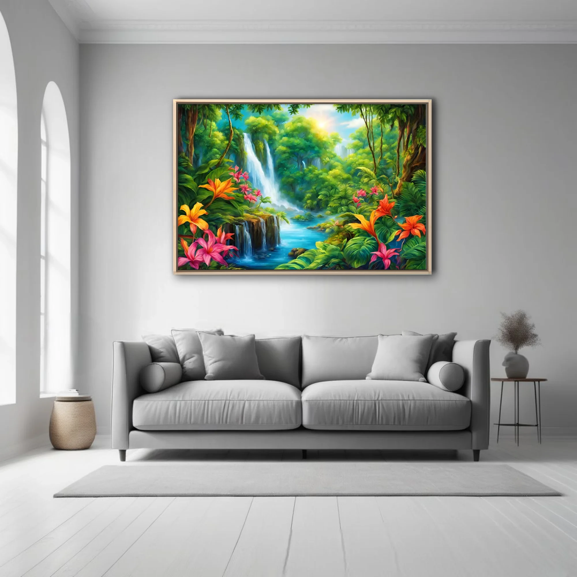 Vibrant tropical jungle waterfall illustration with exotic flowers and turquoise river