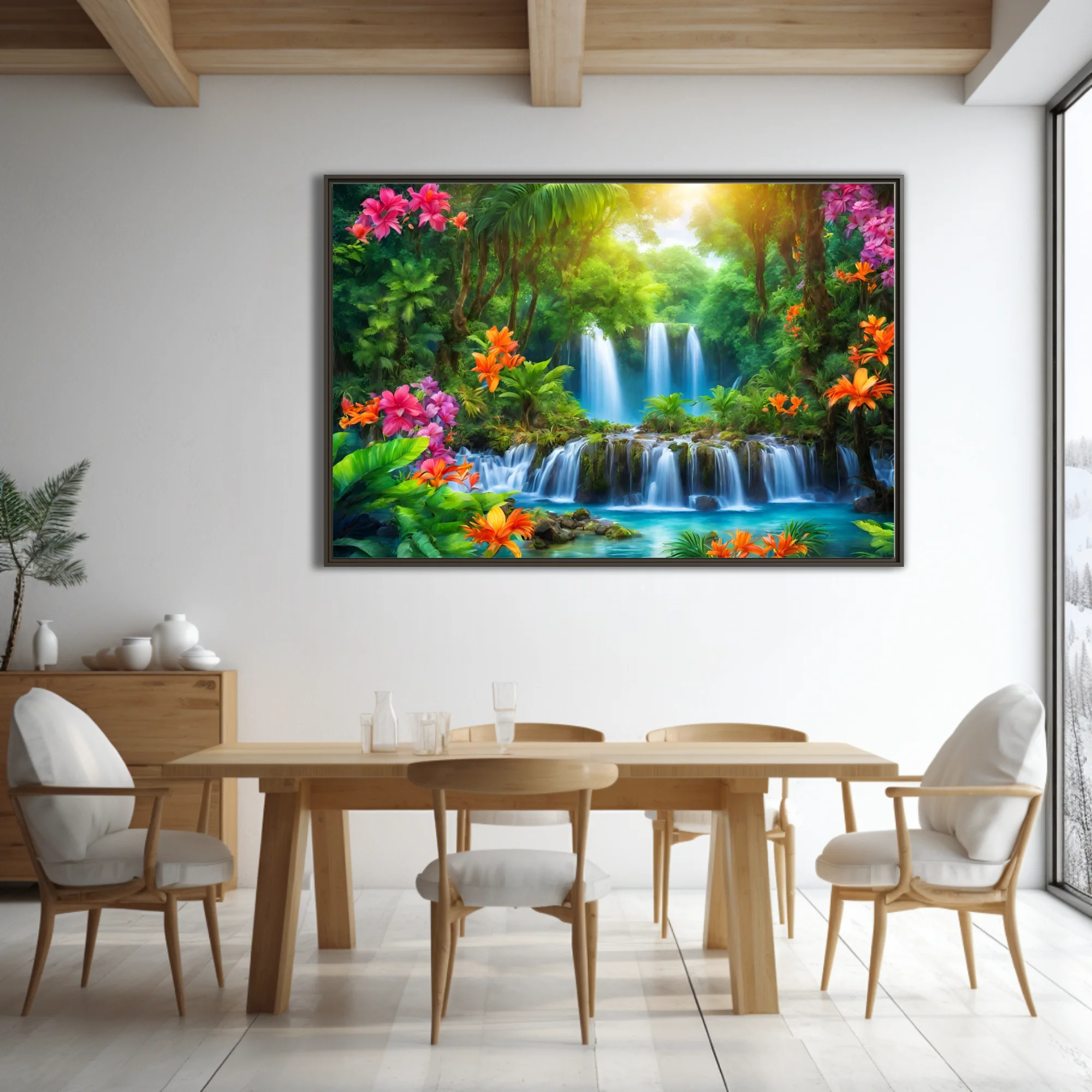 Vibrant tropical waterfall scene with lush jungle foliage and colorful blooms