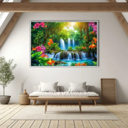 Vibrant tropical waterfall scene with lush jungle foliage and colorful blooms