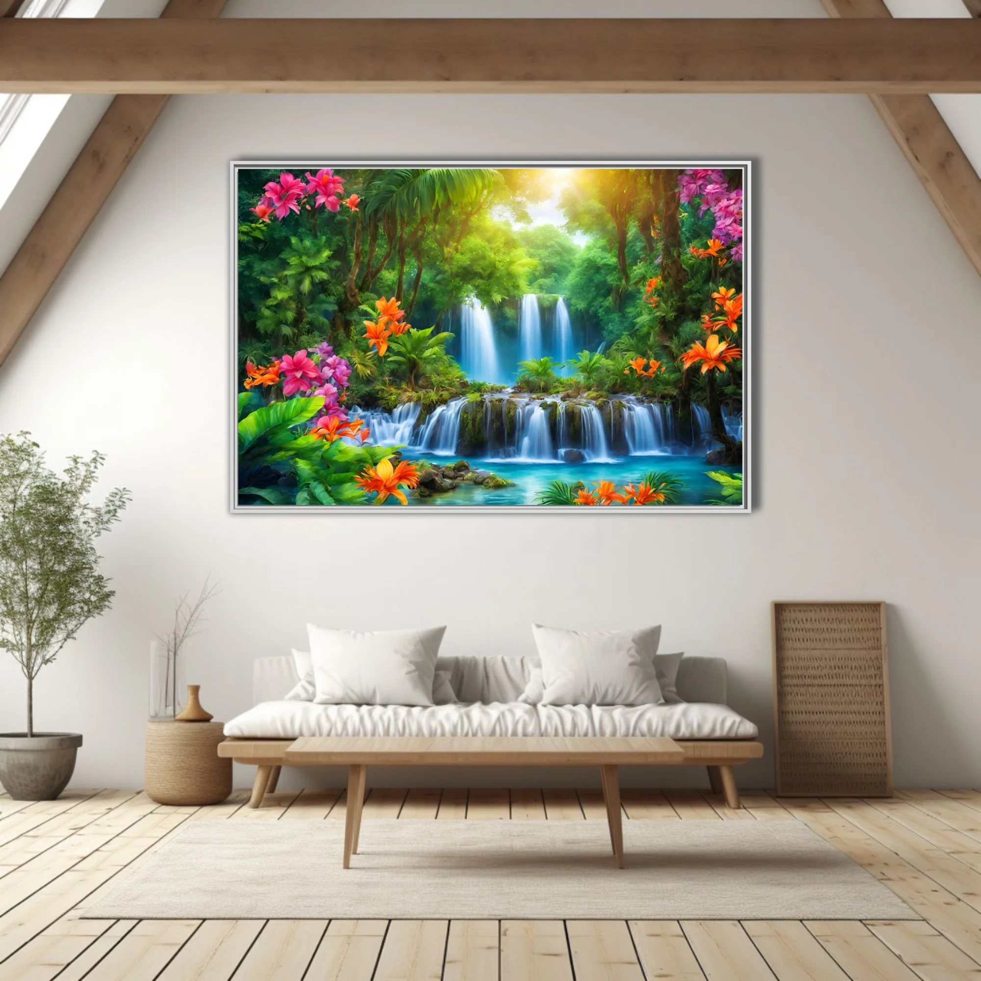 Vibrant tropical waterfall scene with lush jungle foliage and colorful blooms