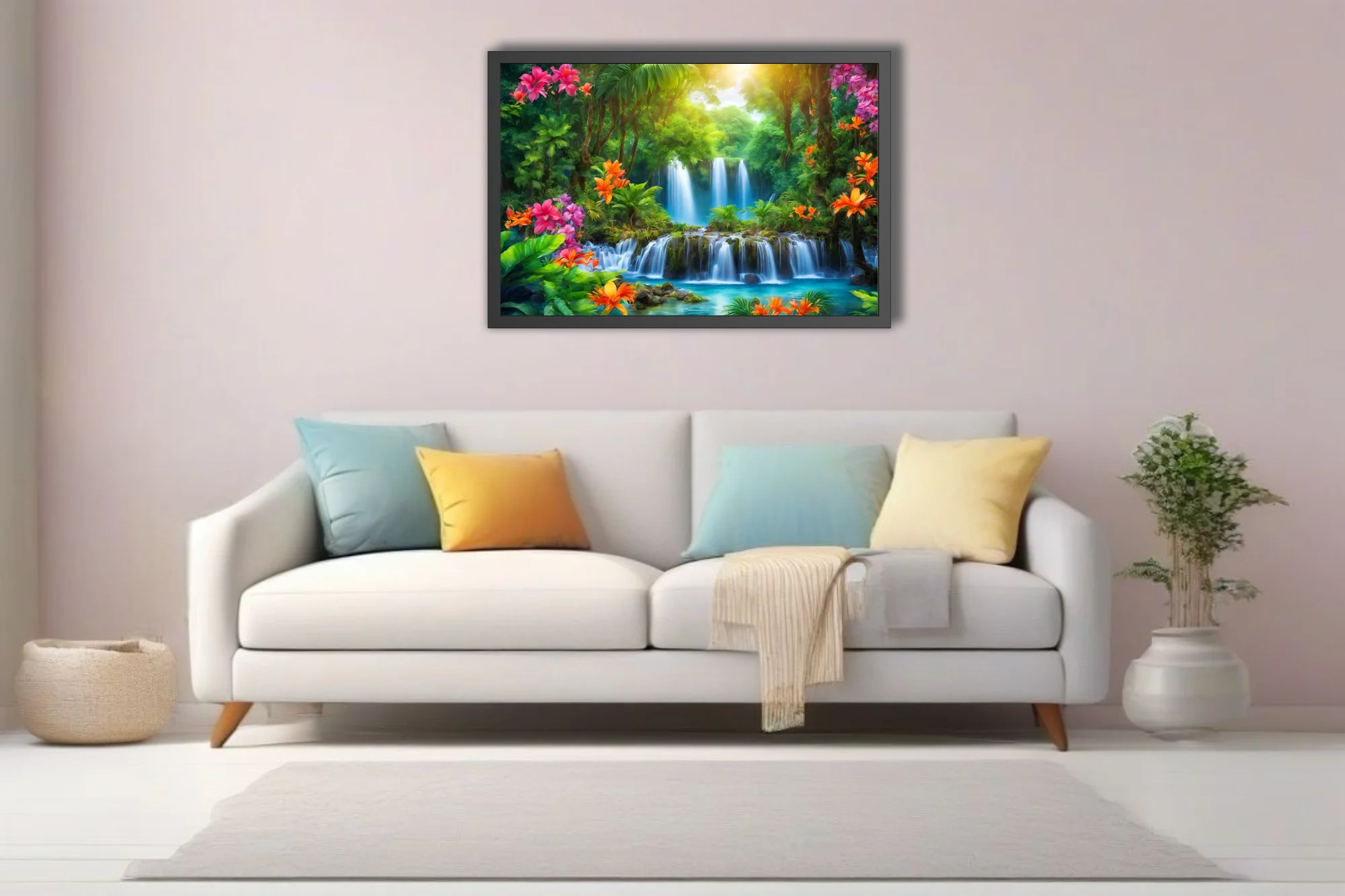 Vibrant tropical waterfall scene with lush jungle foliage and colorful blooms