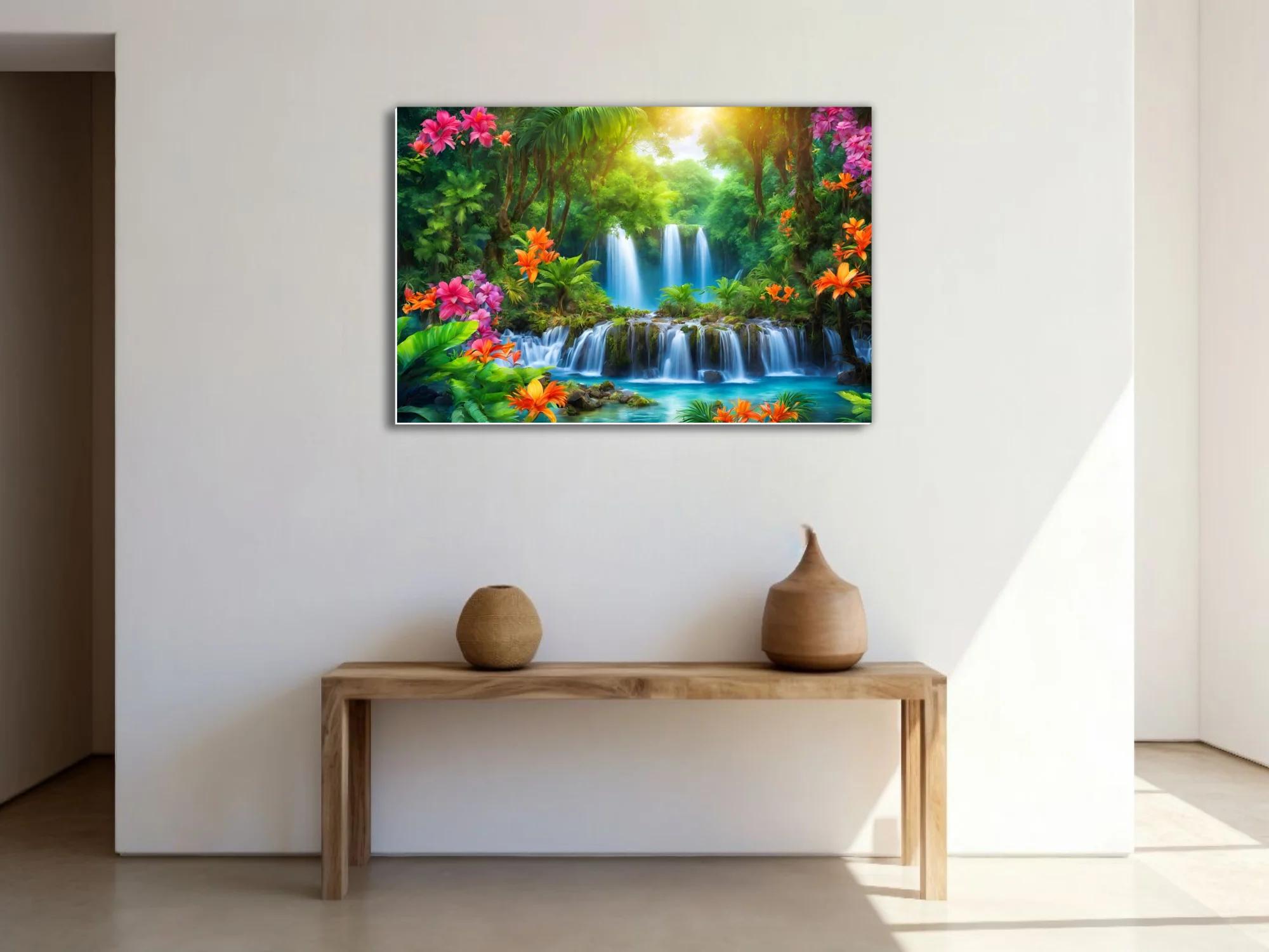 Vibrant tropical waterfall scene with lush jungle foliage and colorful blooms