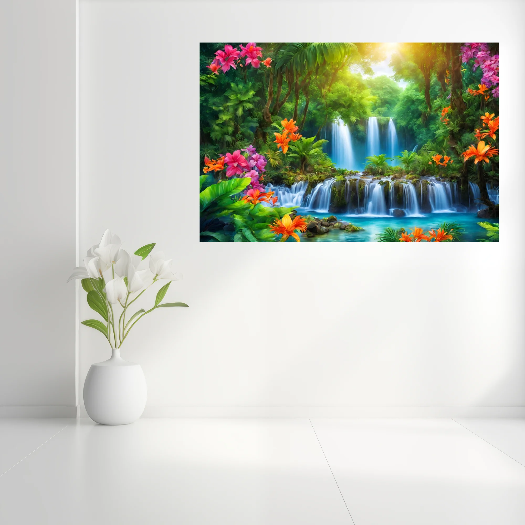 Vibrant tropical waterfall scene with lush jungle foliage and colorful blooms