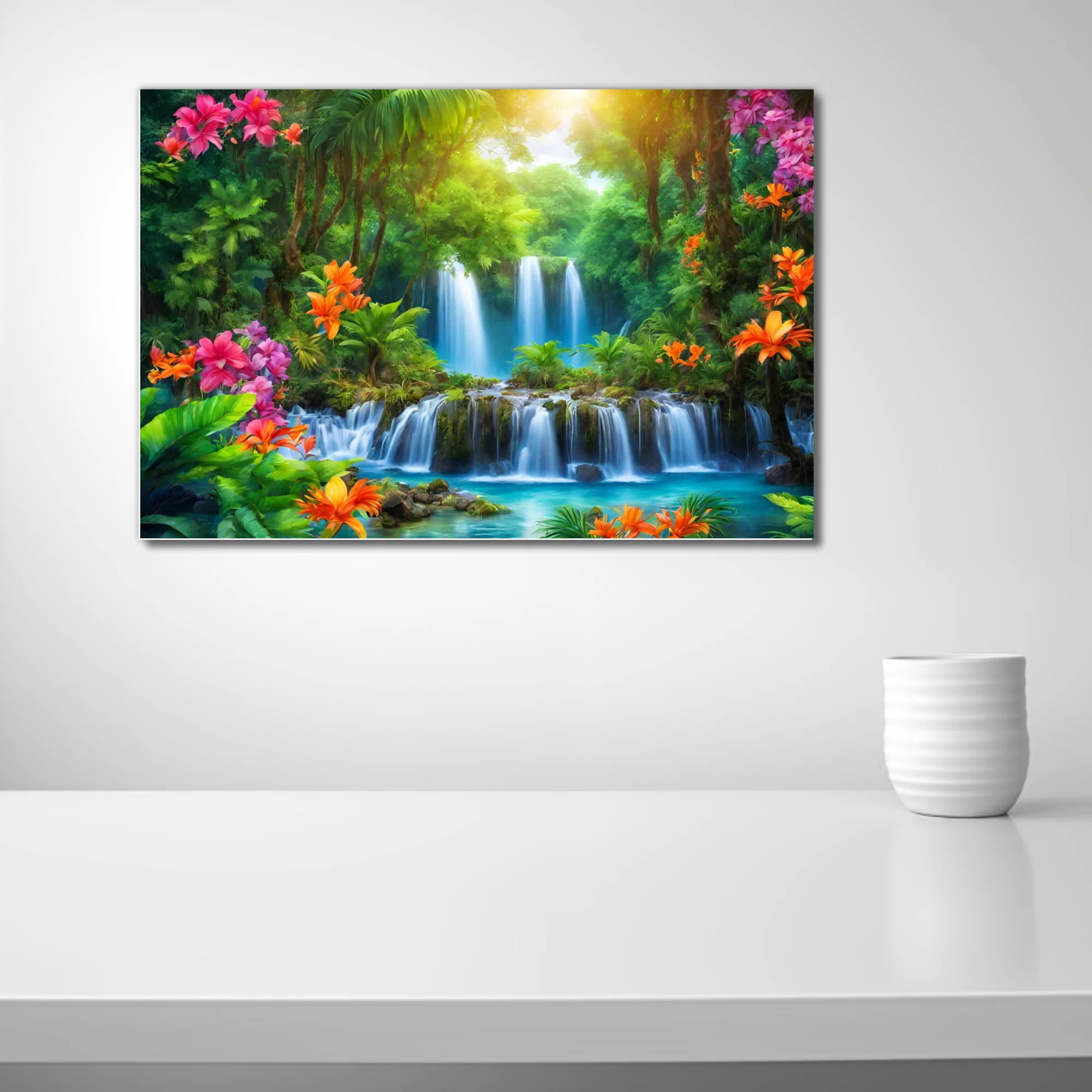 Vibrant tropical waterfall scene with lush jungle foliage and colorful blooms