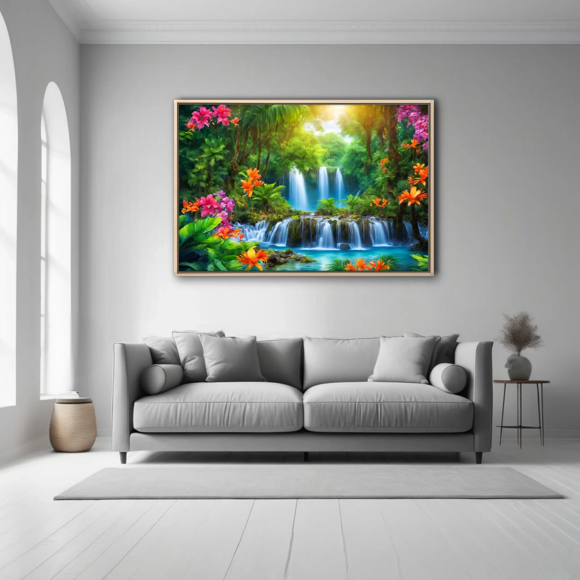 Vibrant tropical waterfall scene with lush jungle foliage and colorful blooms