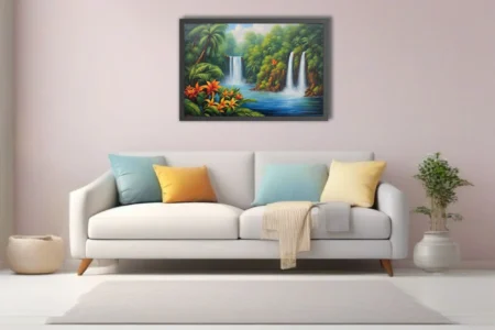 Tropical waterfall landscape with lush jungle and vivid exotic flowers
