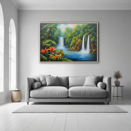 Tropical waterfall landscape with lush jungle and vivid exotic flowers
