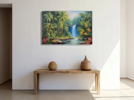 Tropical jungle waterfall with palm trees and vivid exotic florals