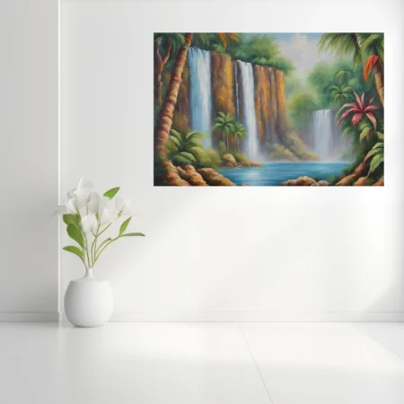 Tropical waterfall landscape with lush palms, misty cliffs, and vivid greens