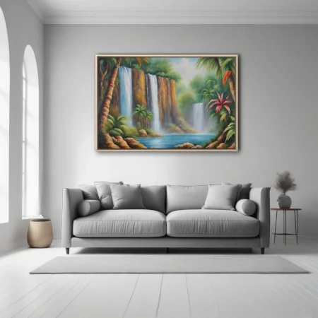 Tropical waterfall landscape with lush palms, misty cliffs, and vivid greens
