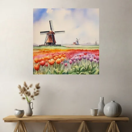 Watercolor-style Dutch tulip fields with windmills, vivid reds, oranges, and purples