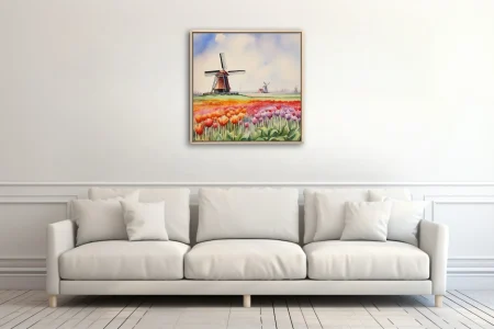 Watercolor-style Dutch tulip fields with windmills, vivid reds, oranges, and purples