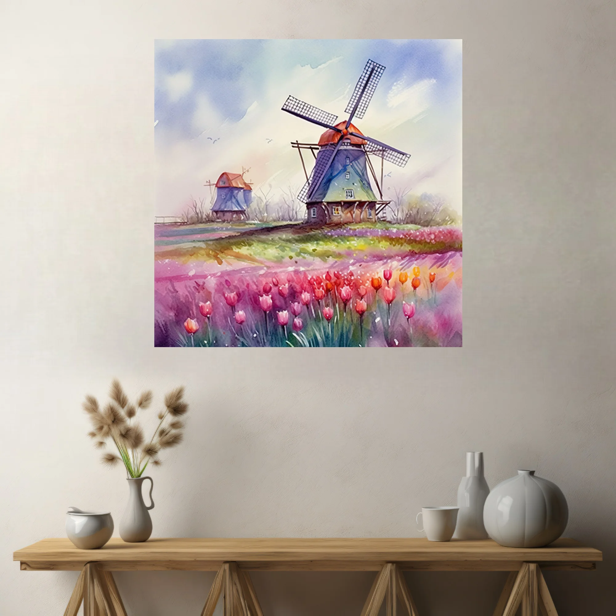 Watercolor-style Dutch windmill and tulip field in vibrant pink, red, and purple tones