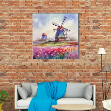 Watercolor-style Dutch windmill and tulip field in vibrant pink, red, and purple tones