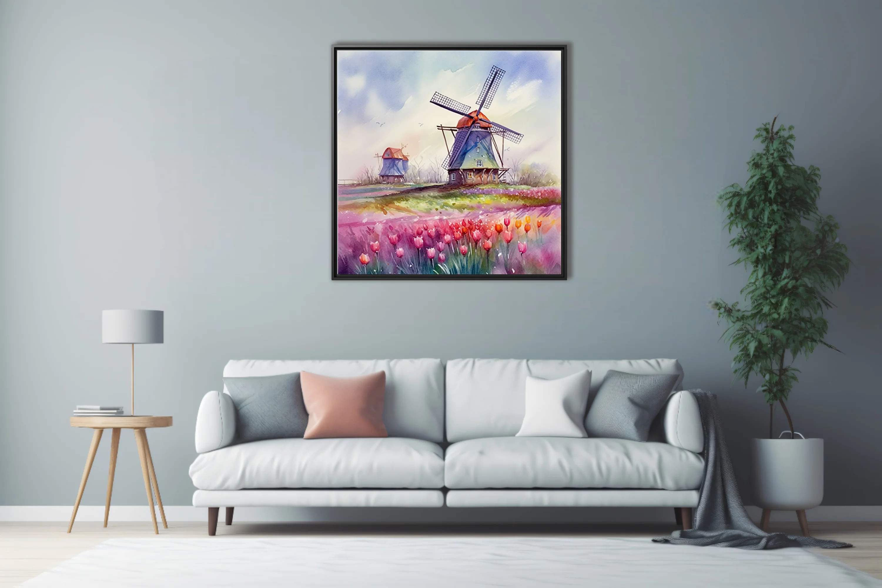 Watercolor-style Dutch windmill and tulip field in vibrant pink, red, and purple tones