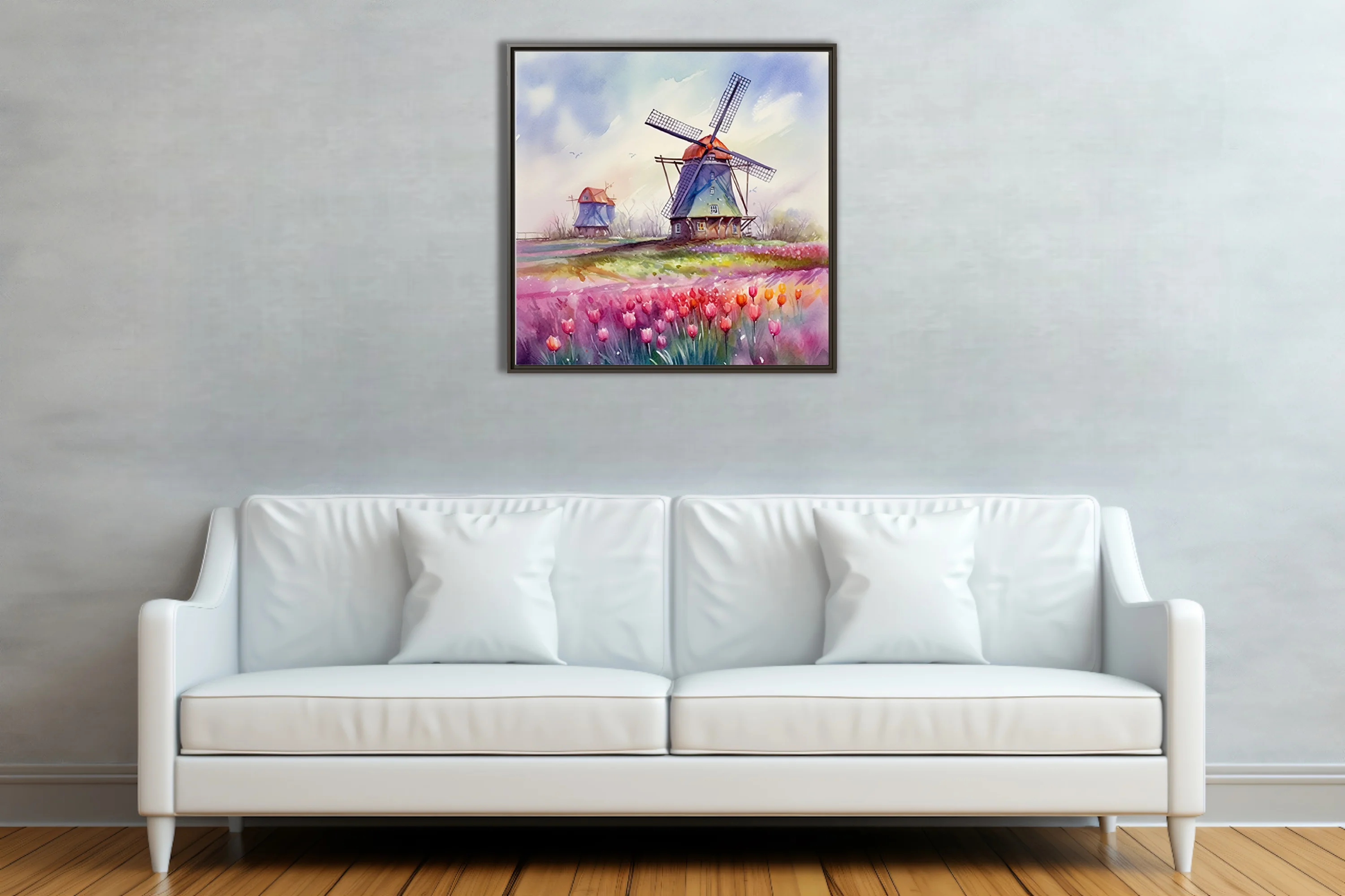 Watercolor-style Dutch windmill and tulip field in vibrant pink, red, and purple tones