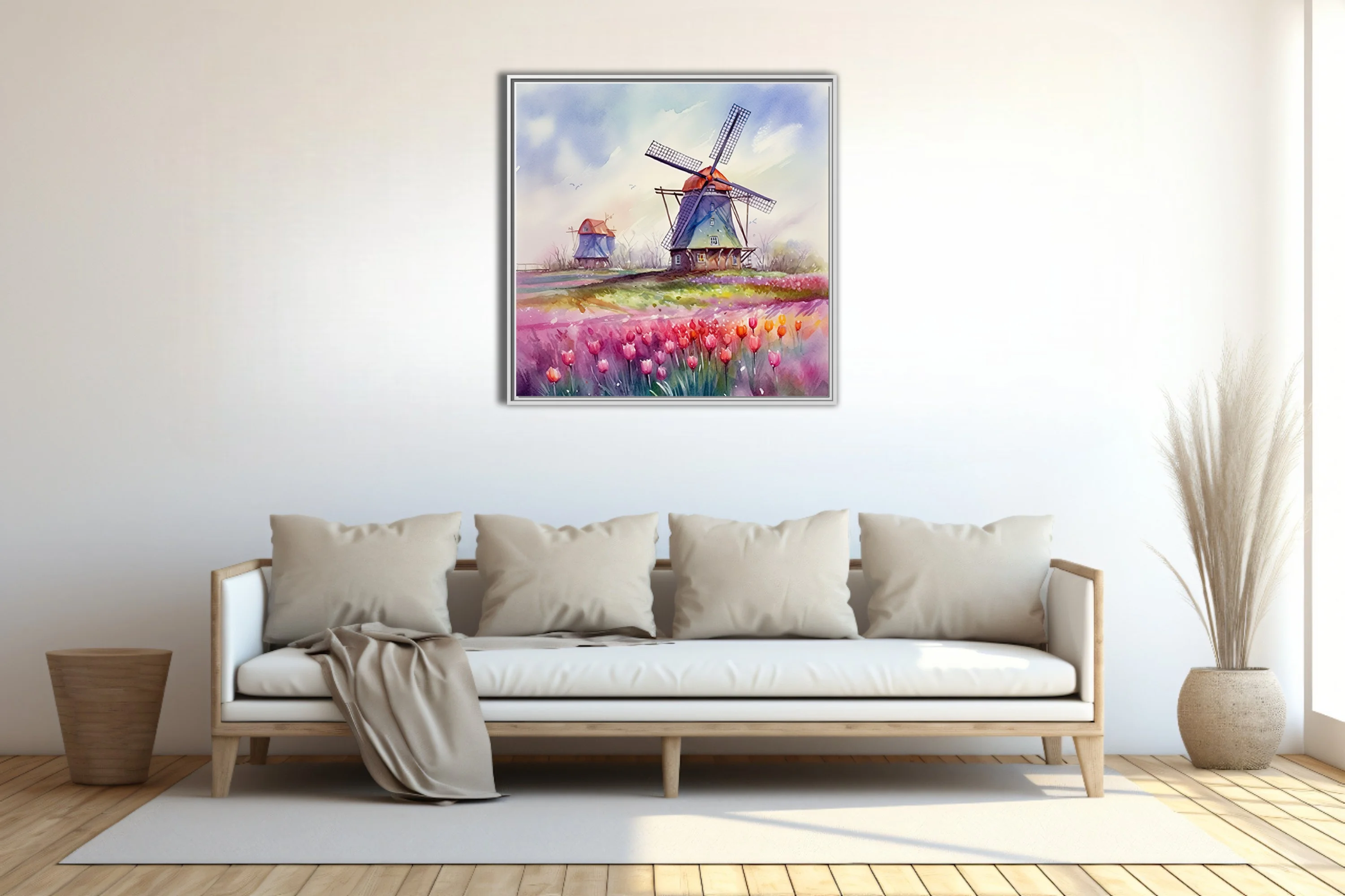 Watercolor-style Dutch windmill and tulip field in vibrant pink, red, and purple tones